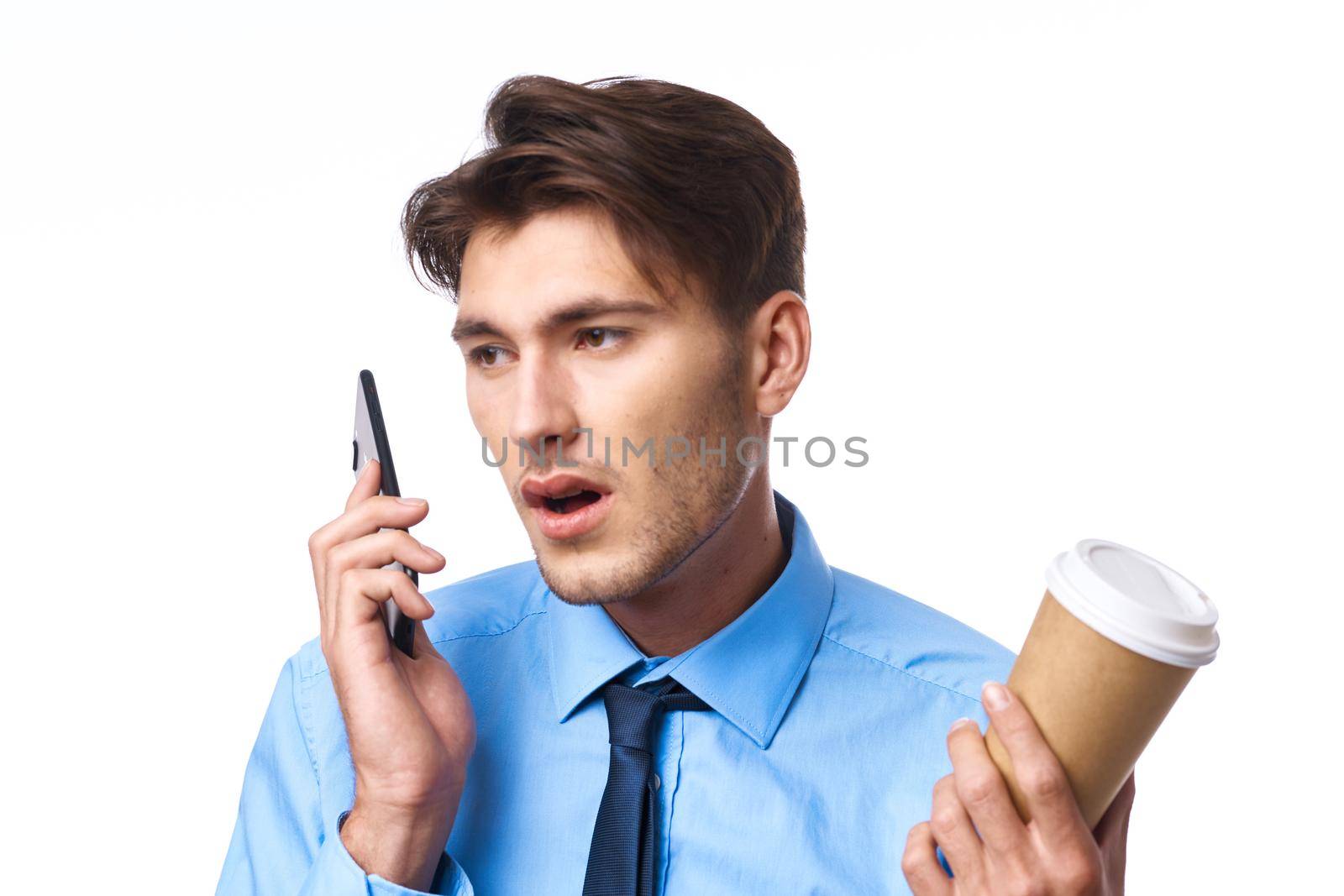 a person office work break coffee cup isolated background. High quality photo
