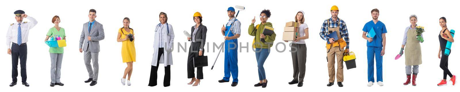 Group of professional workers of different professions isolated on white background, full length portrait