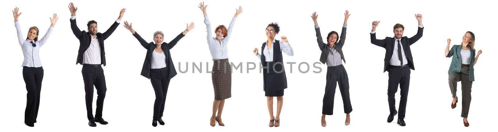 Set of happy cheerful multi racial group of diverse business people with arms raised isolated on white background, full length portraits