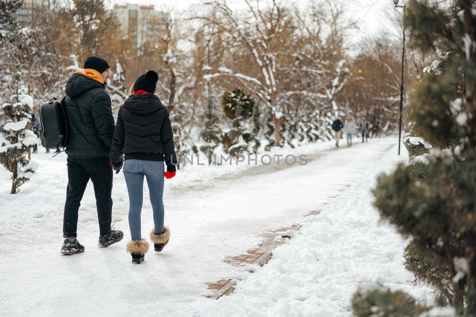 Young happy couple in love having a walk in a winter park by Fabrikasimf