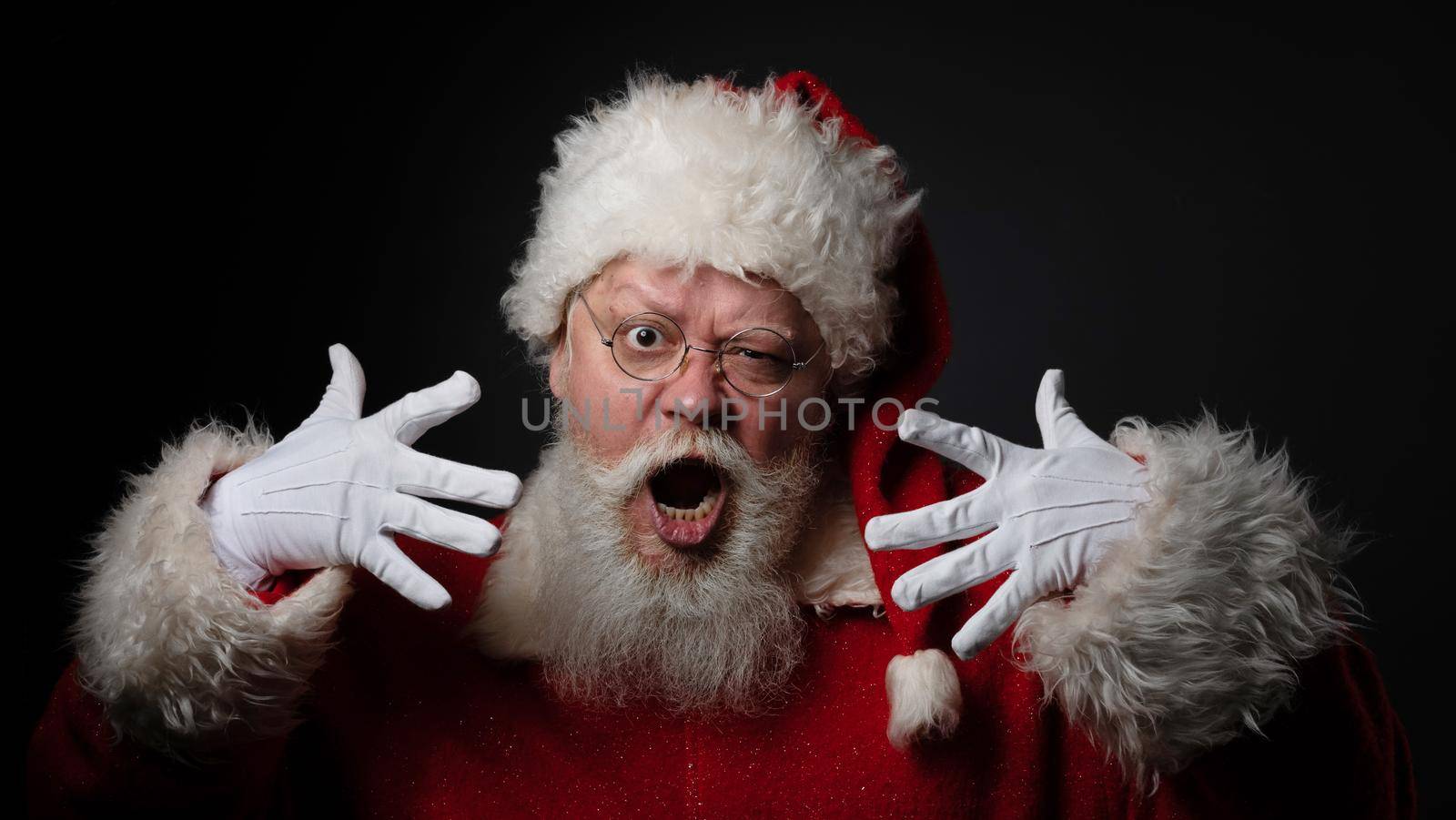 Funny Santa Claus shout and gesture explaining rules , black background