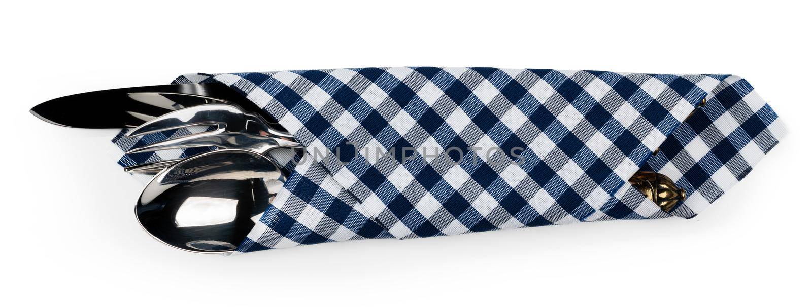 Set of cutlery wrapped in a napkin isolated on white background top view