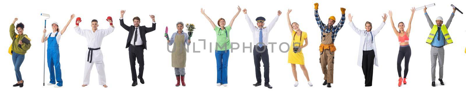 Set collage image of profession different workers isolated over white background, full length portrait