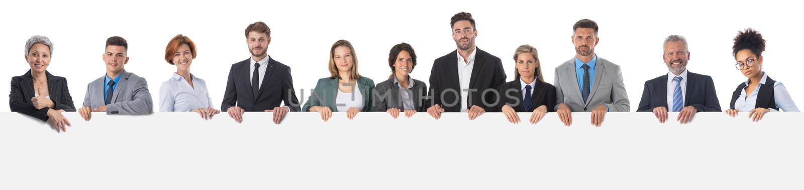 Business team with big blank banner isolated on white background, copy space for text content