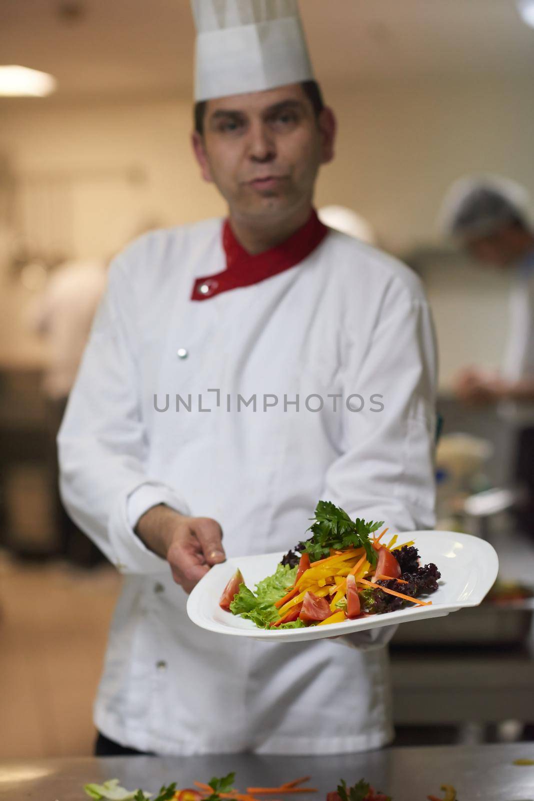 chef in hotel kitchen preparing and decorating food by dotshock