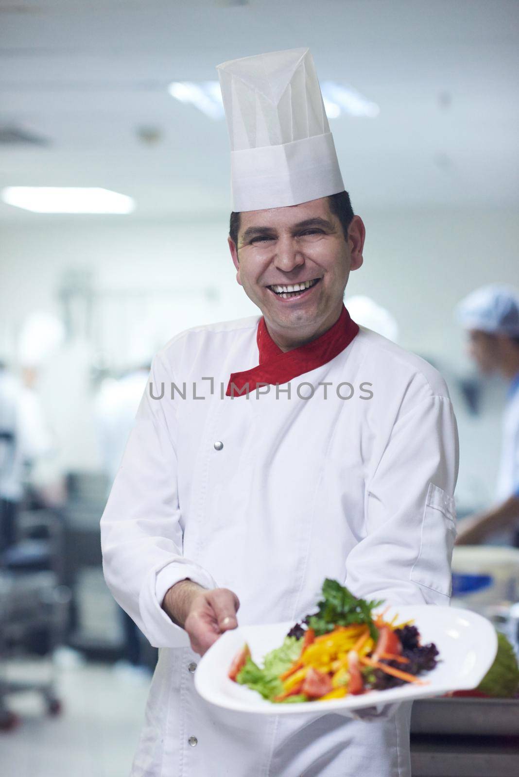 chef in hotel kitchen preparing and decorating food by dotshock