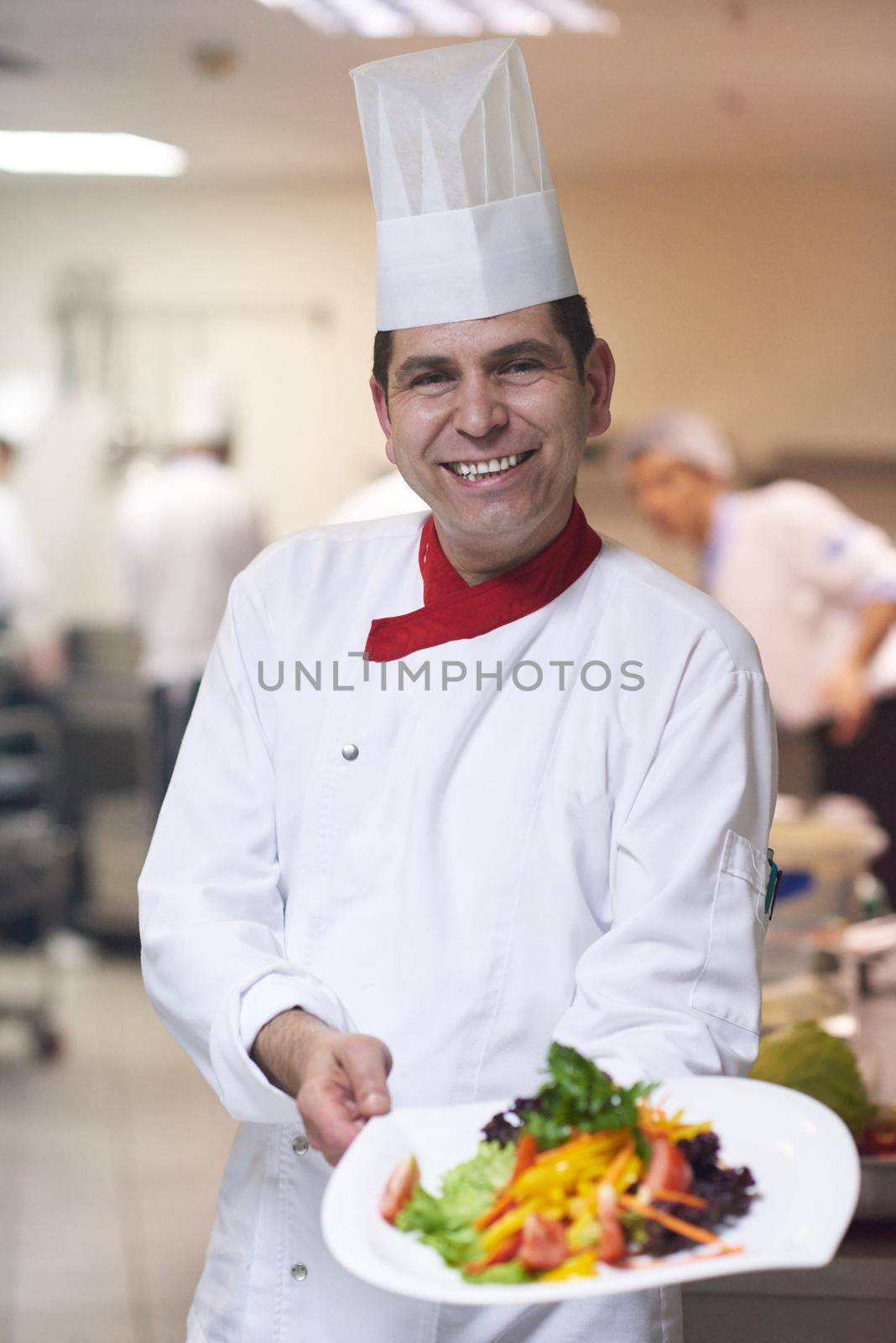 chef in hotel kitchen preparing and decorating food by dotshock
