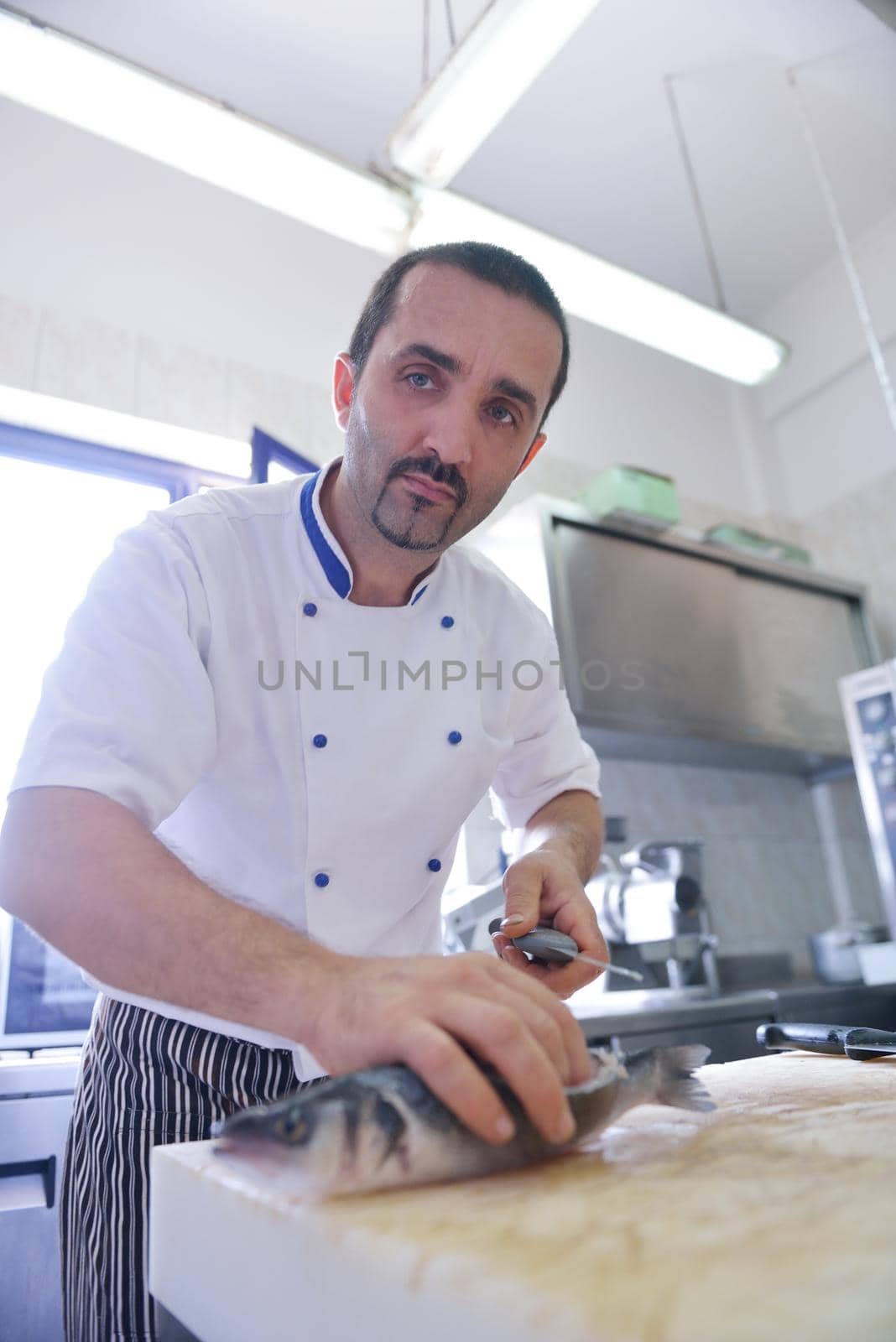 Handsome chef dressed in white uniform decorating pasta salad and seafood fish in modern kitchen