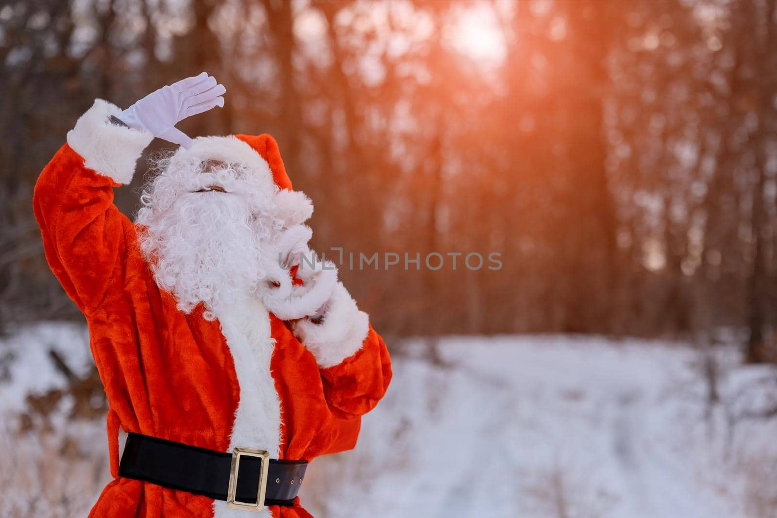 Authentic in the forest Santa Claus in carrying Merry Christmas present by ungvar