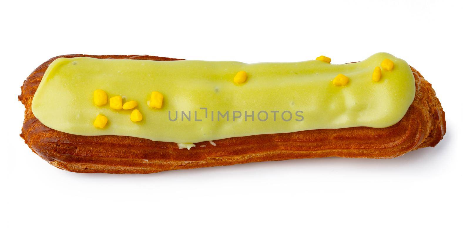 Glazed eclair dessert isolated on white background, copy space