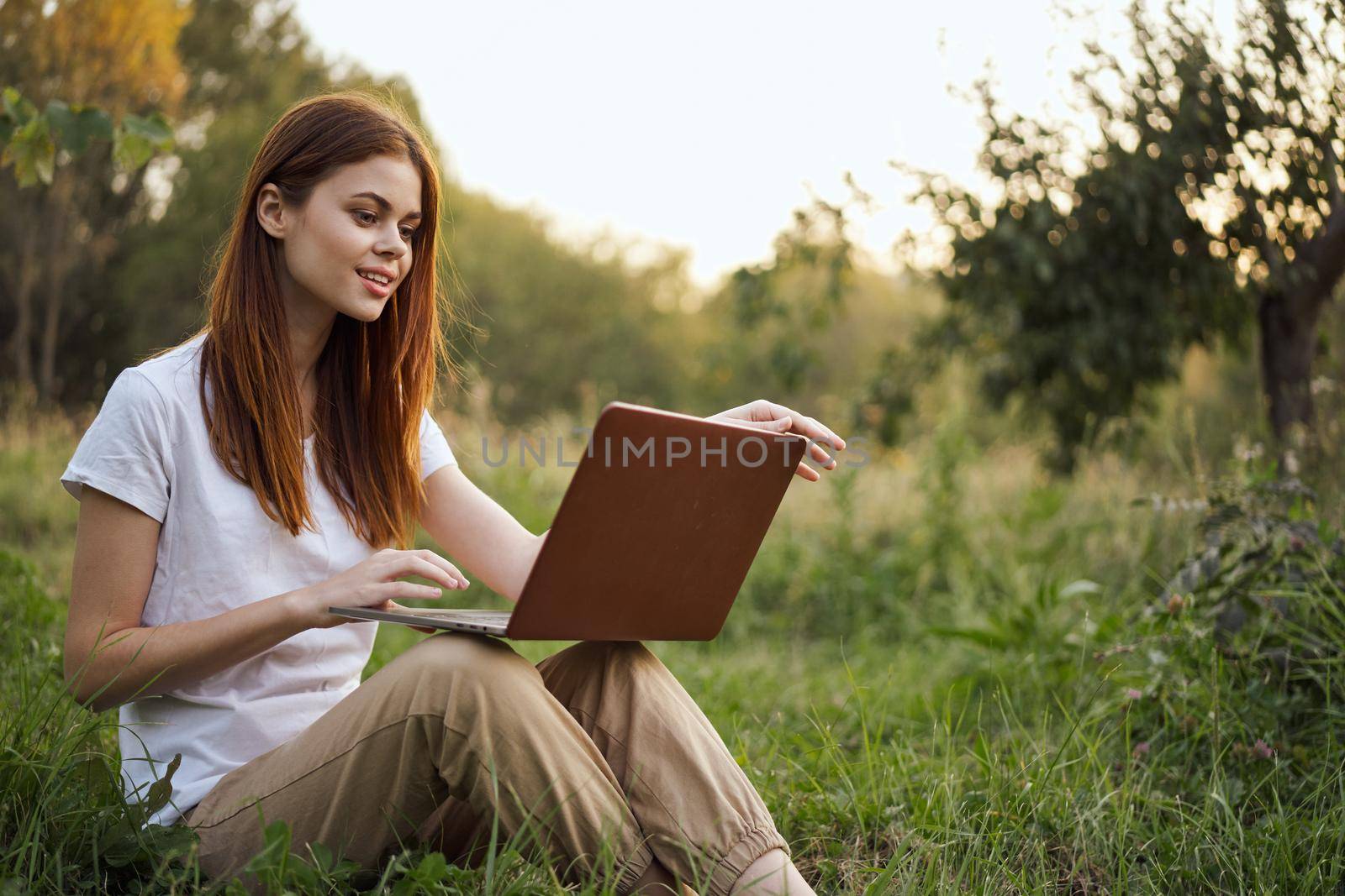 woman outdoors sitting on the grass with laptop summer vacation communication by Vichizh