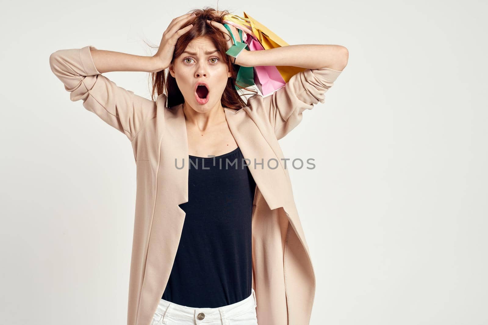 cheerful woman attractive look shopping smile isolated background. High quality photo