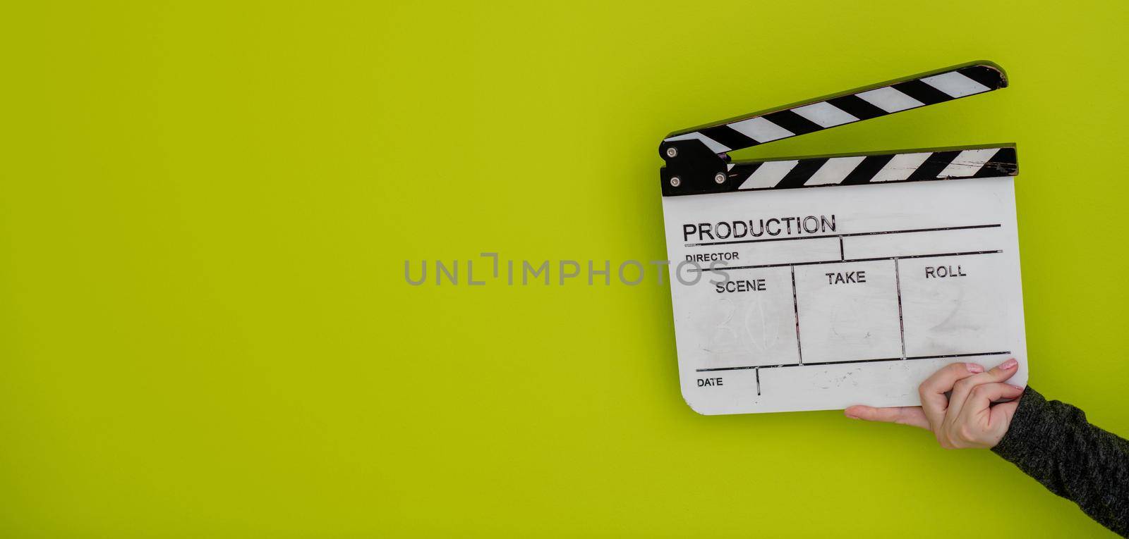 video production movie clapper cinema action and cut concept isolated on green chroma background