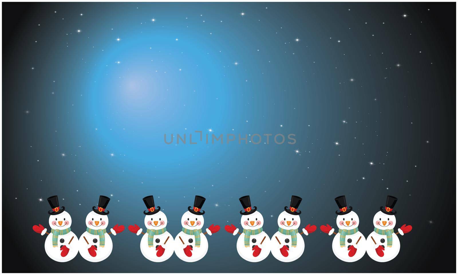 several snowman in an abstract moon night background