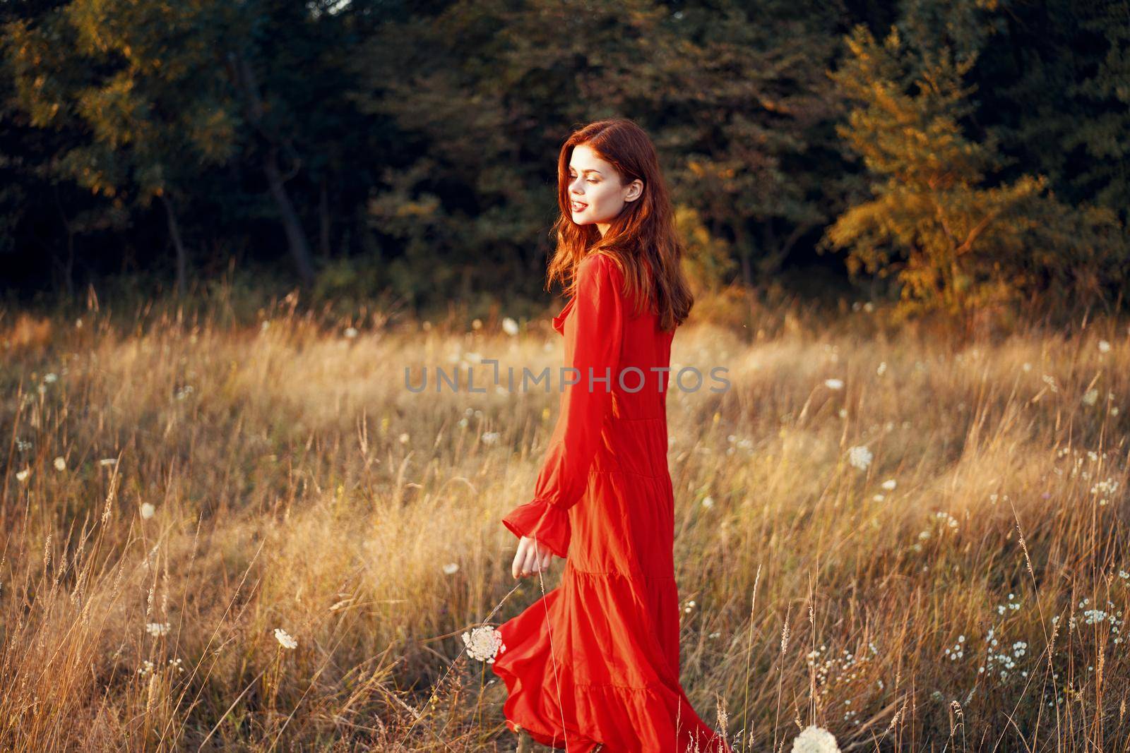 woman in a red dress in a field in nature summer landscape freedom. High quality photo