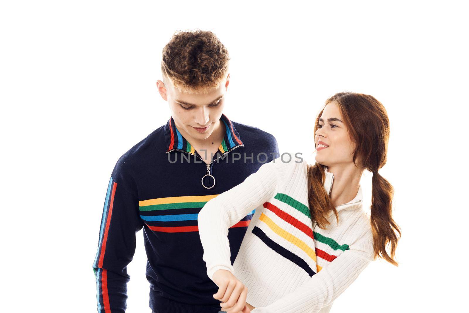 fashion lgbt couple friendship emotions posing light background by Vichizh