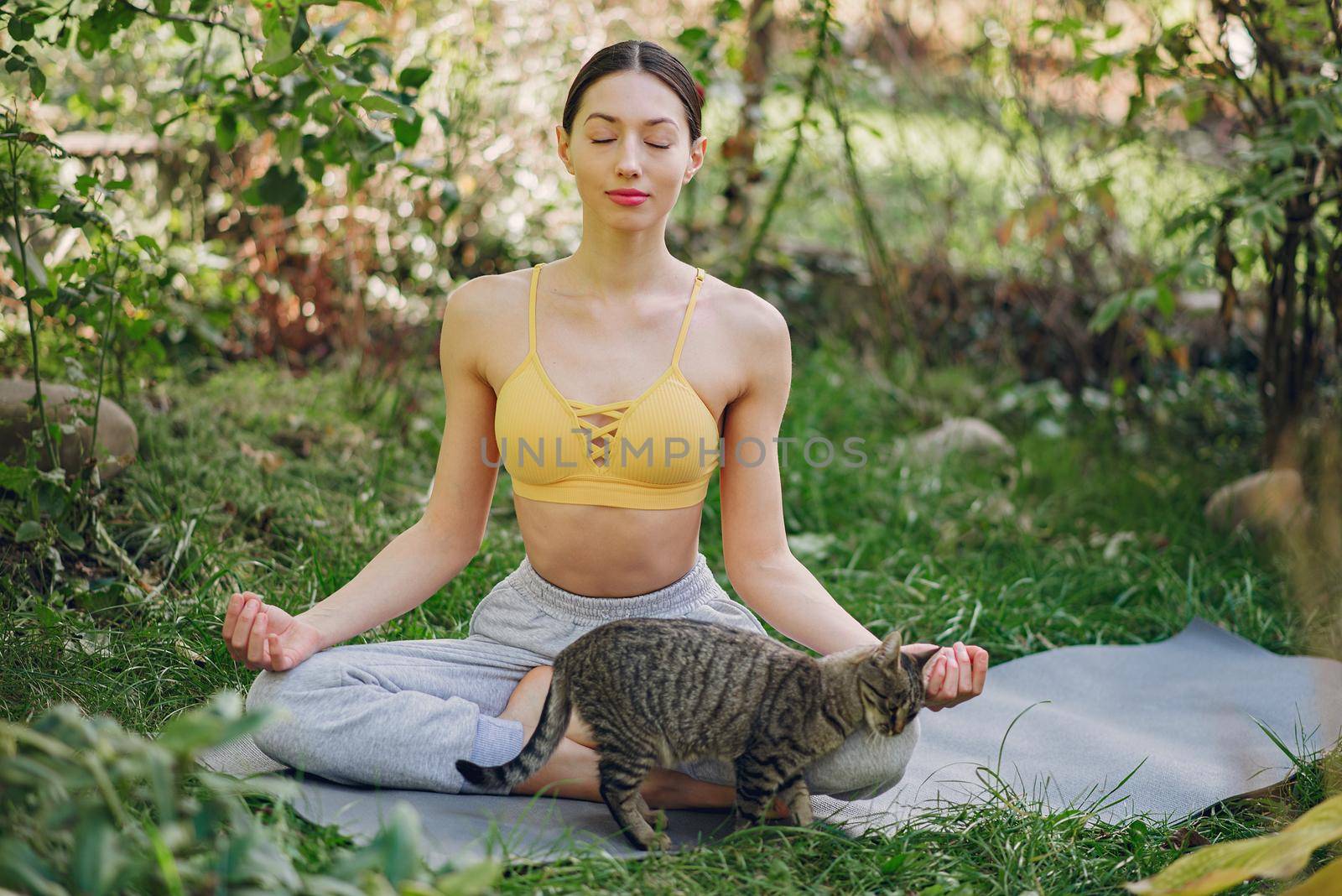 Beautiful girl training on a yard. Woman in a yellow top. Lady make a yoga. Girl with cute cat.