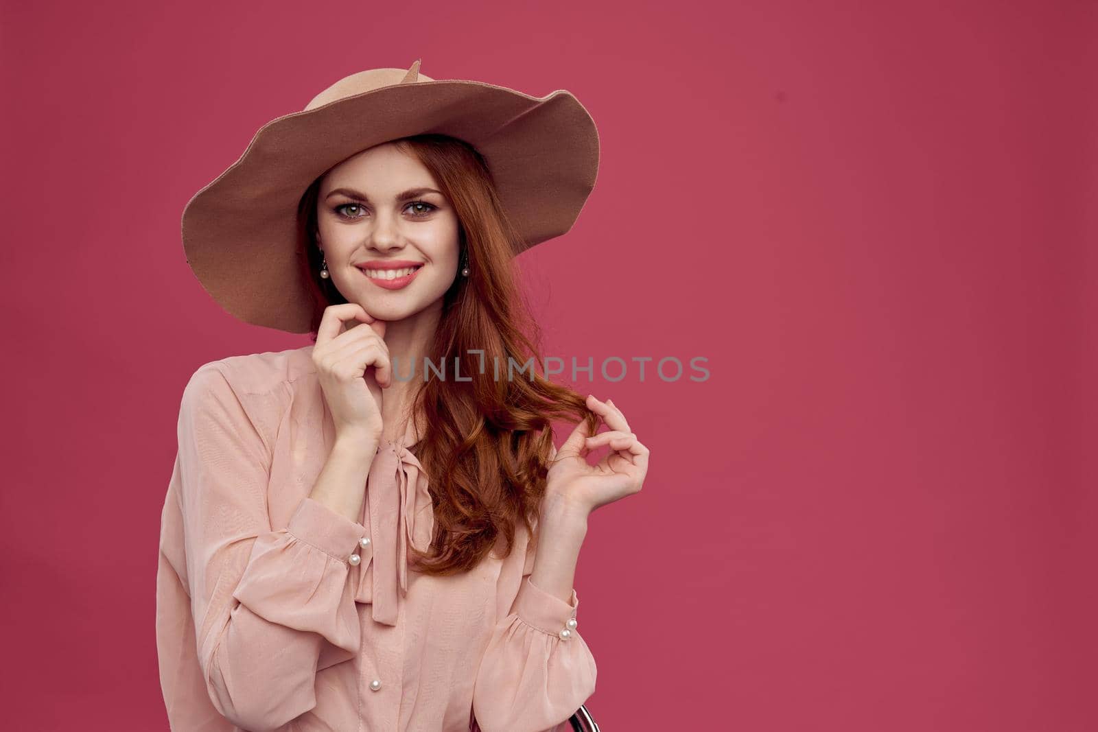 pretty woman sunglasses modern style charm pink background. High quality photo