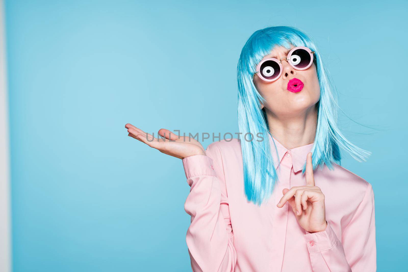 cheerful woman wearing sunglasses purple wig fashion glamor by Vichizh