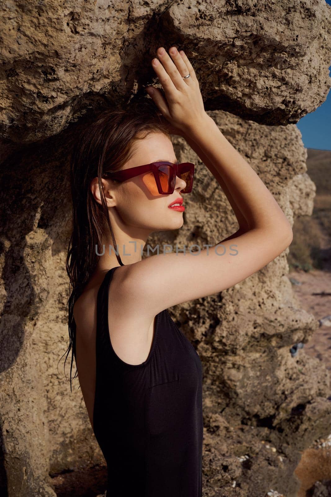 pretty woman in black swimsuit sunglasses posing sun by Vichizh