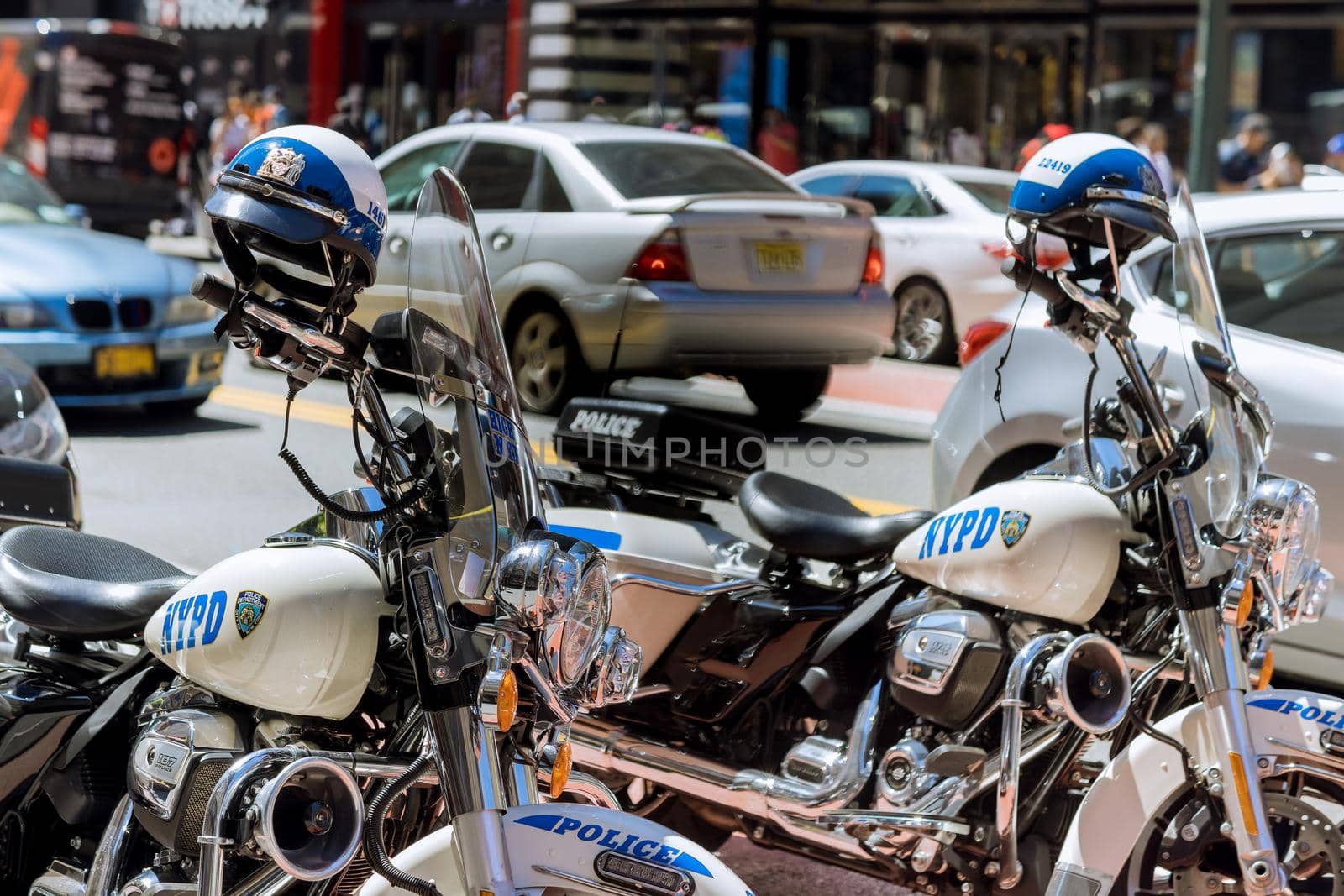 18 June 2021 New York, USA: NYPD Patrol motorcycles parked on the New York City near Time Square, Manhattan