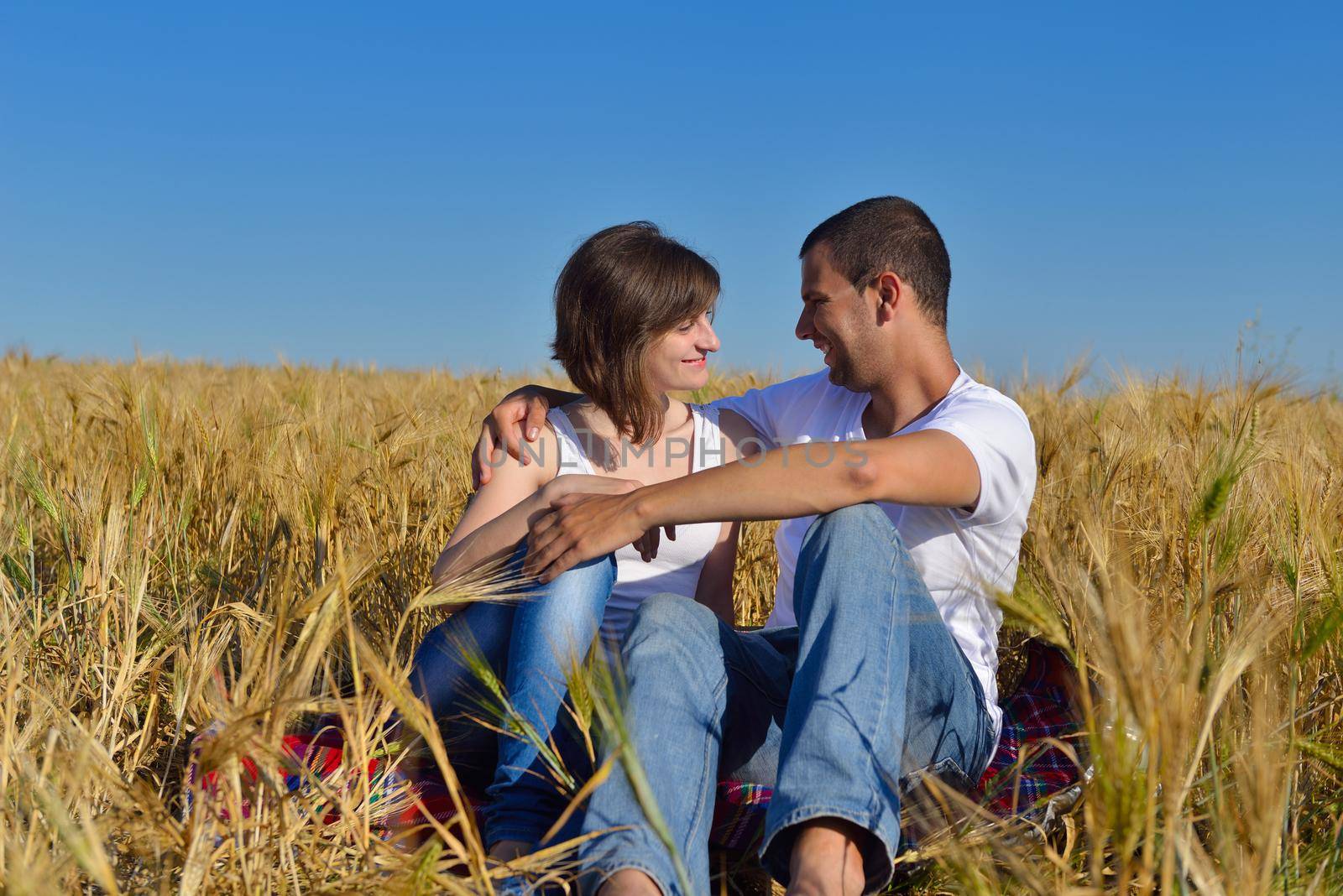 happy couple in wheat field by dotshock