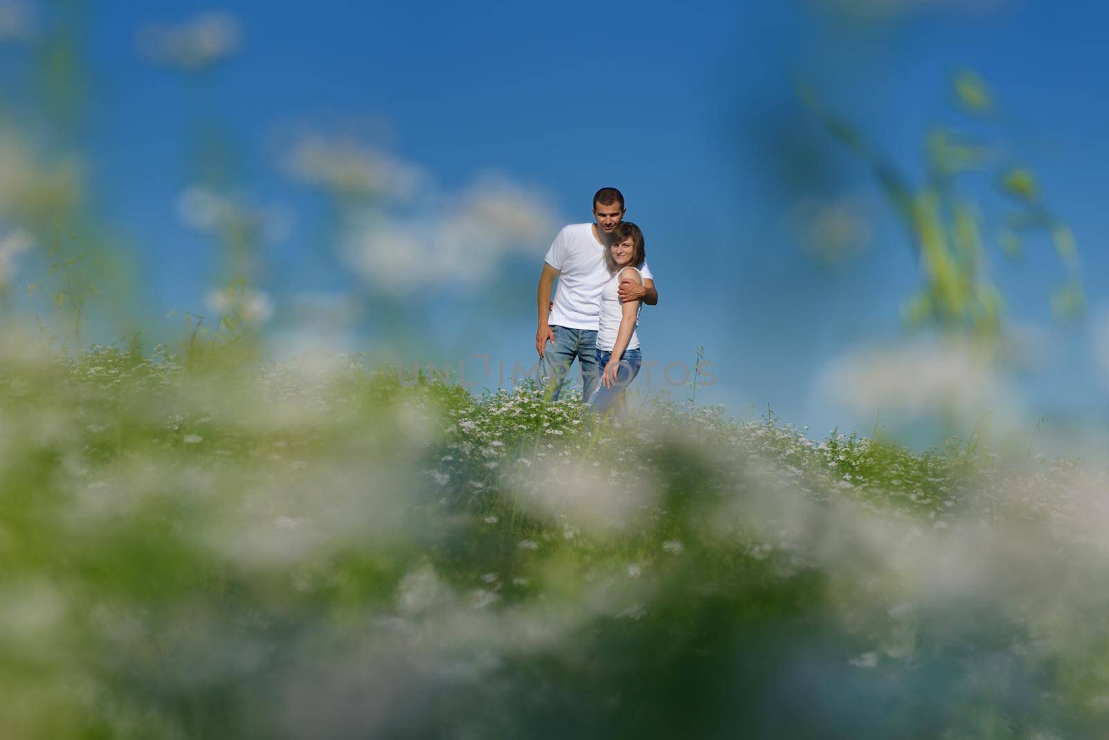 happy couple in wheat field by dotshock