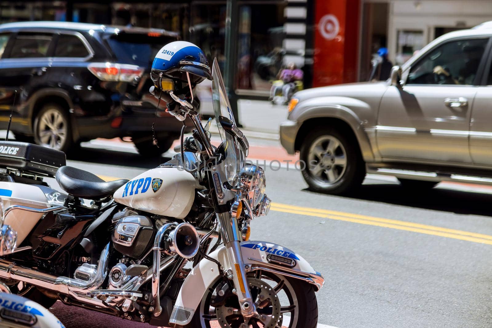 18 June 2021 New York, USA: NYPD motorcycles parked in the streets with police New York City