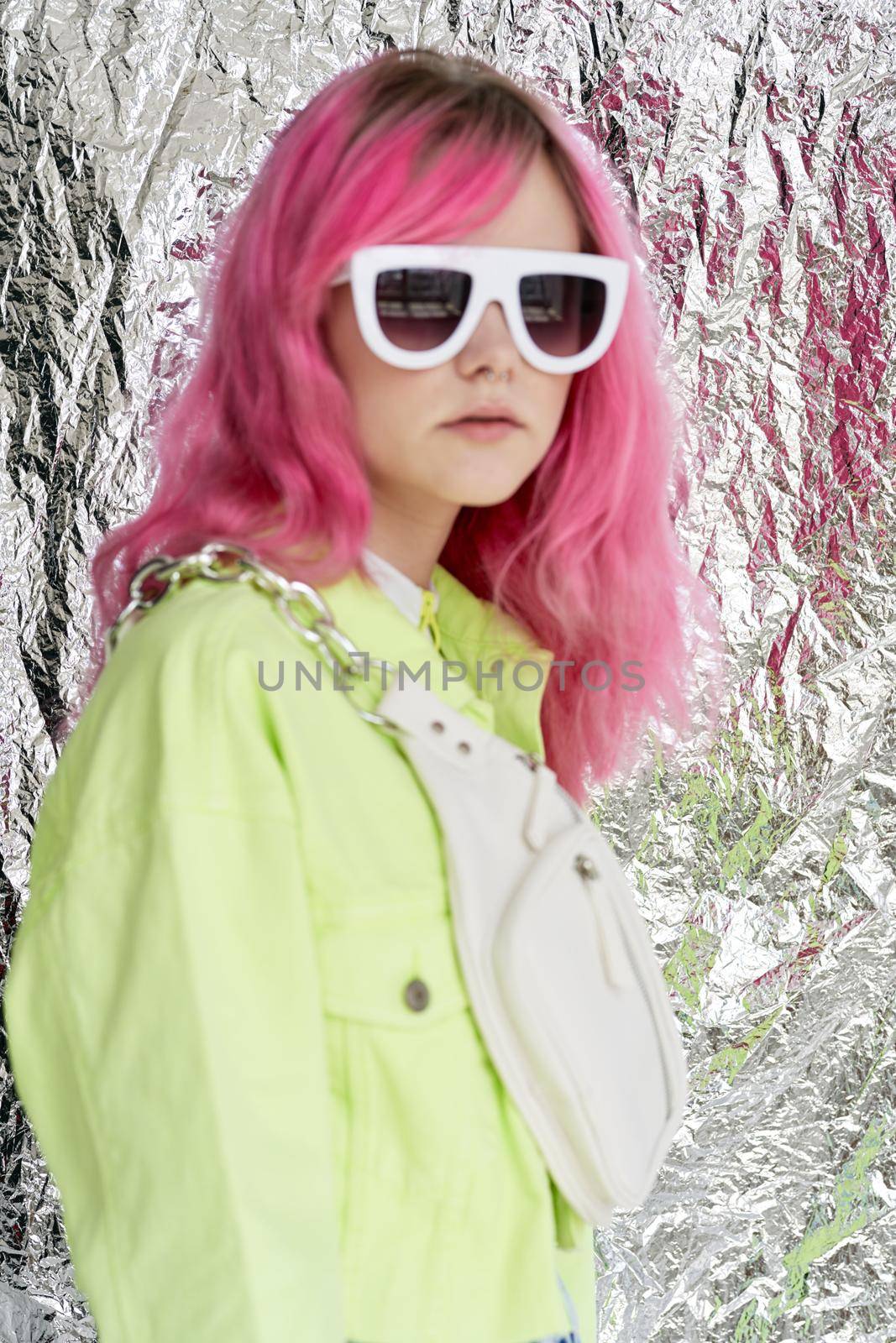 fashionable woman in youth clothing collage Acid style design. High quality photo