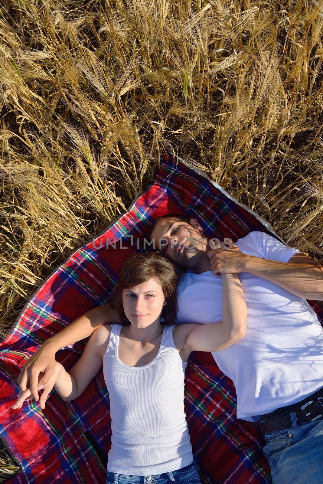 happy couple in wheat field by dotshock