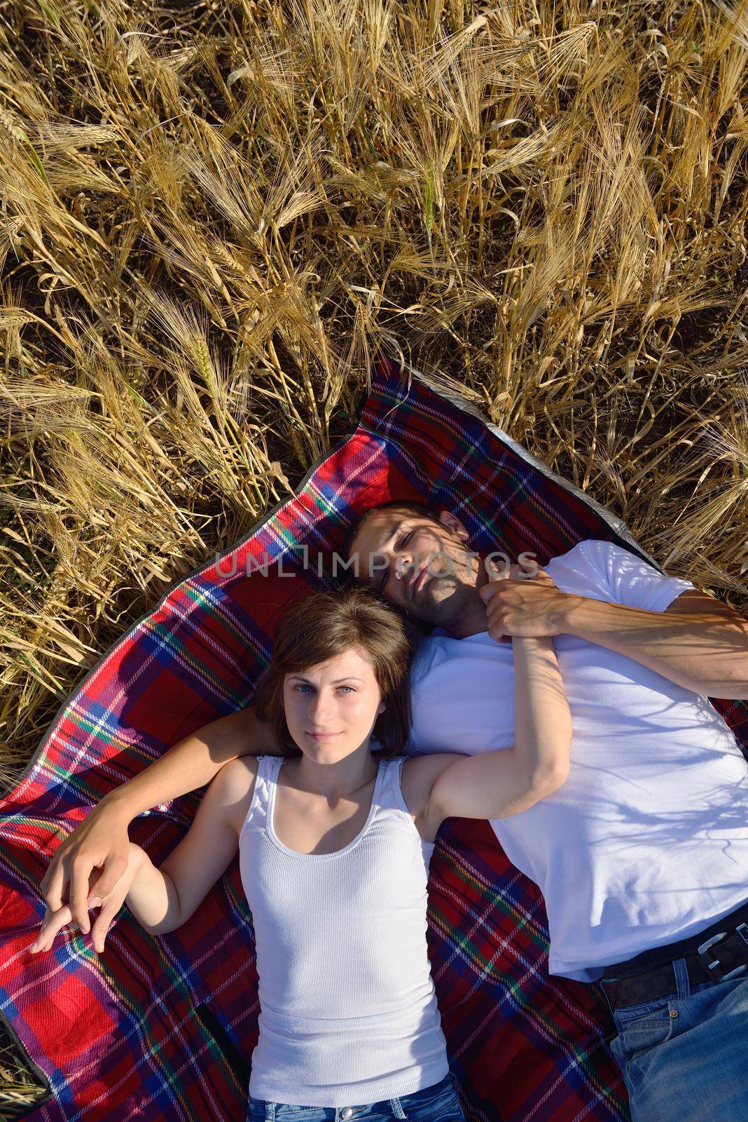 happy young couple in love have romance and fun at wheat field in summer