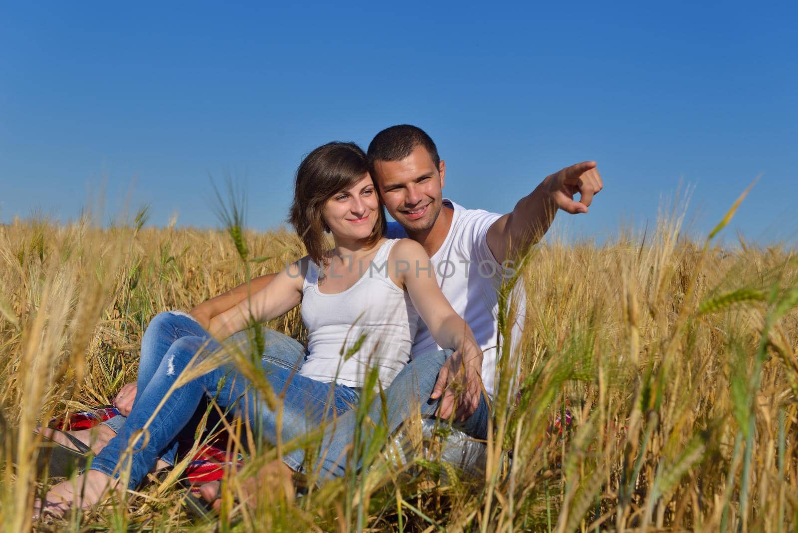 happy young couple in love have romance and fun at wheat field in summer