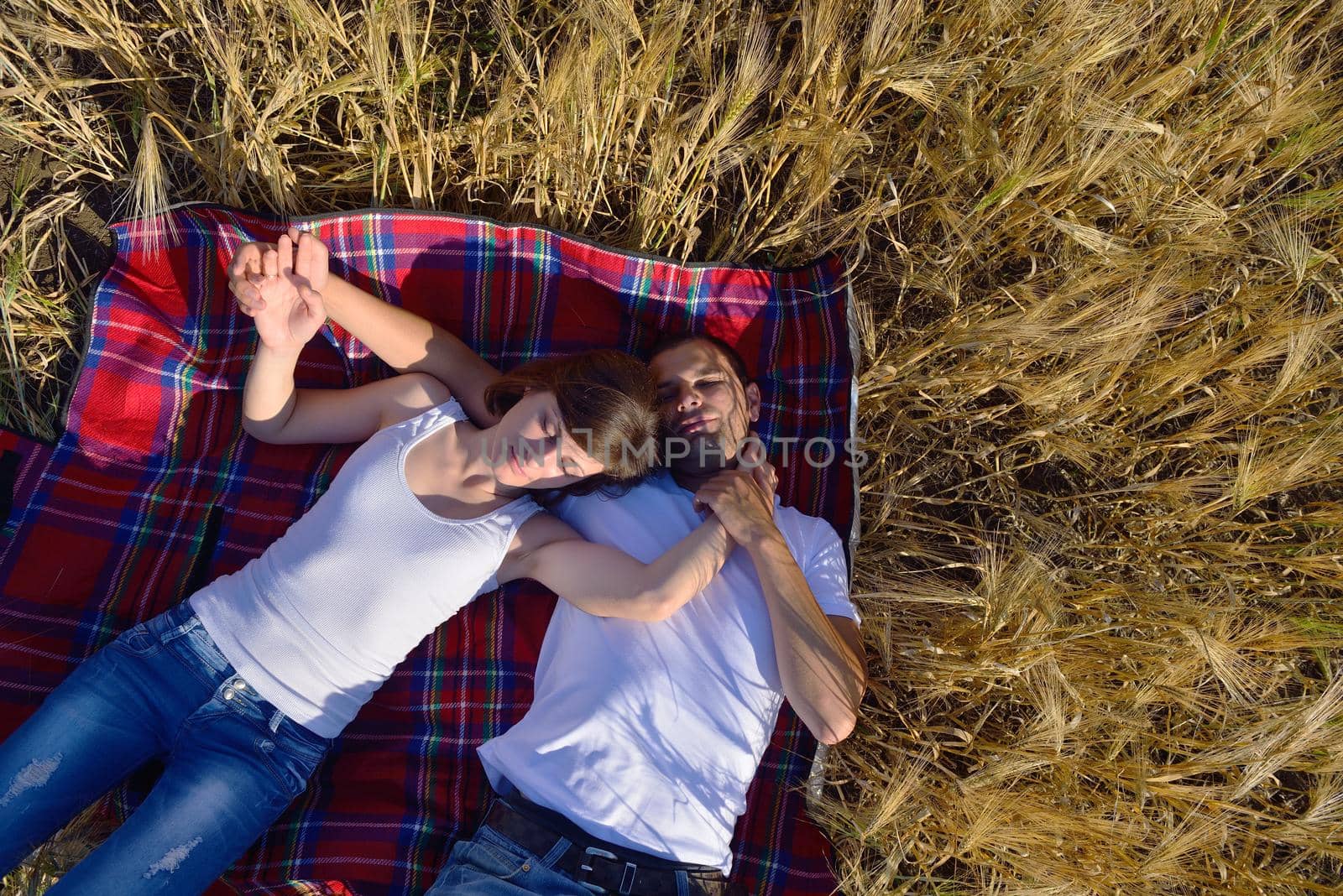 happy young couple in love have romance and fun at wheat field in summer