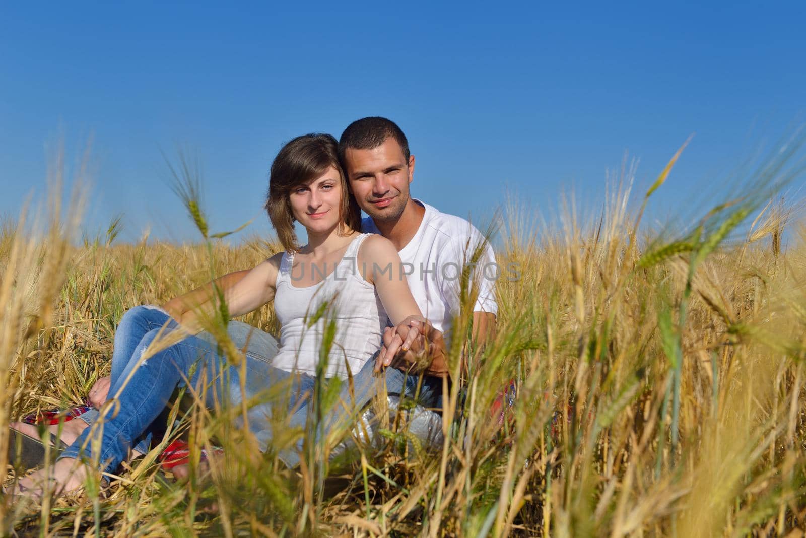 happy young couple in love have romance and fun at wheat field in summer