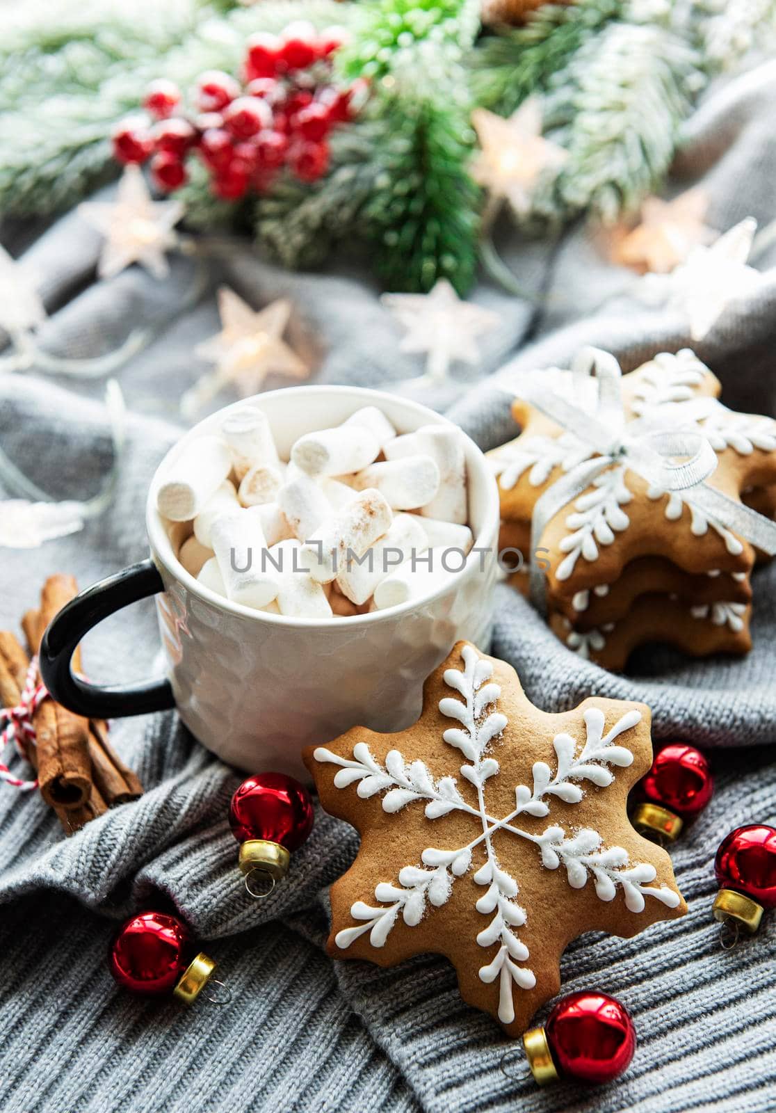 Christmas decorations, cocoa and gingerbread cookies. White wooden background.