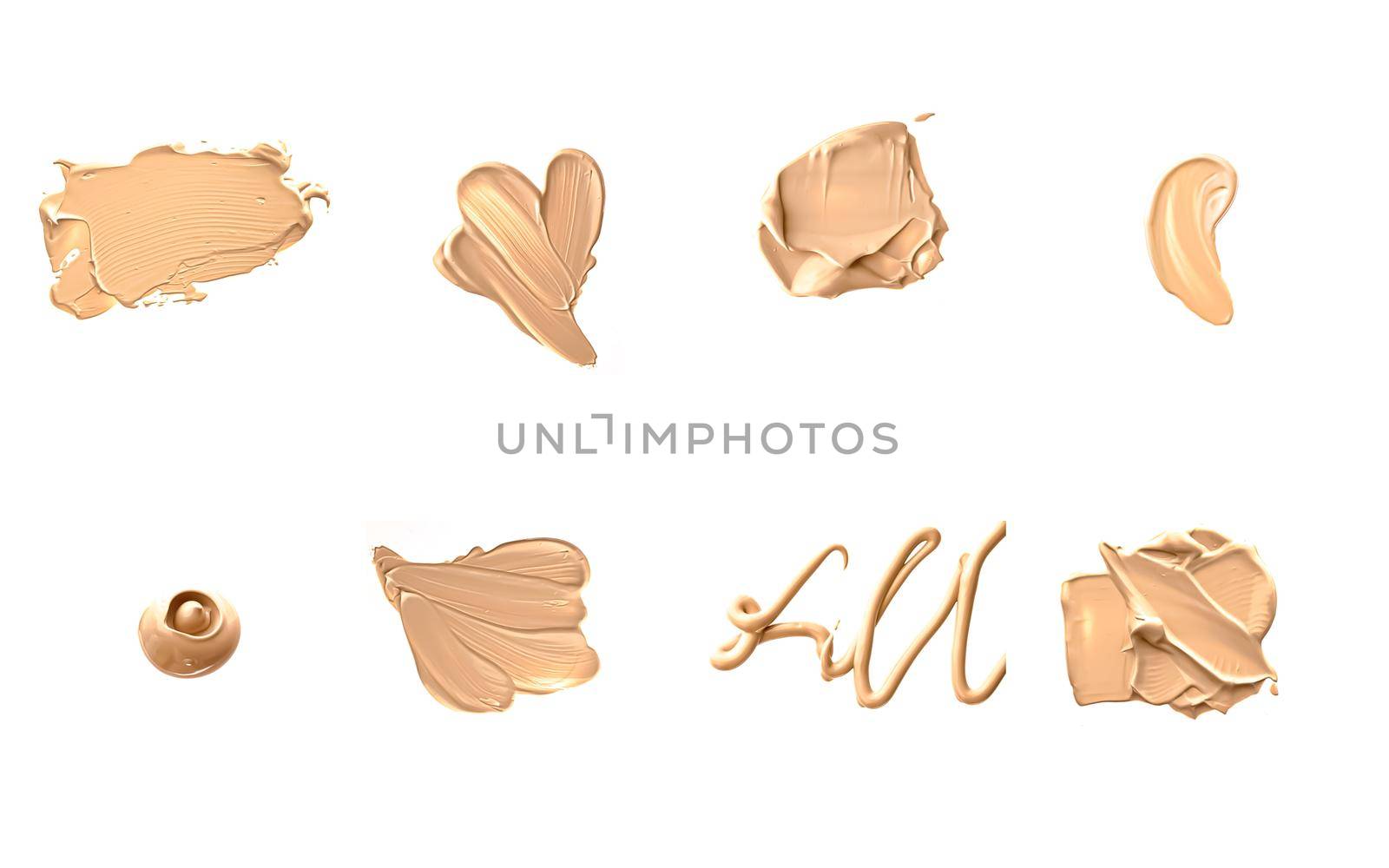 Beige beauty cosmetic texture isolated on white background, smudged makeup emulsion cream smear or foundation smudge, crushed cosmetics product and paint strokes.