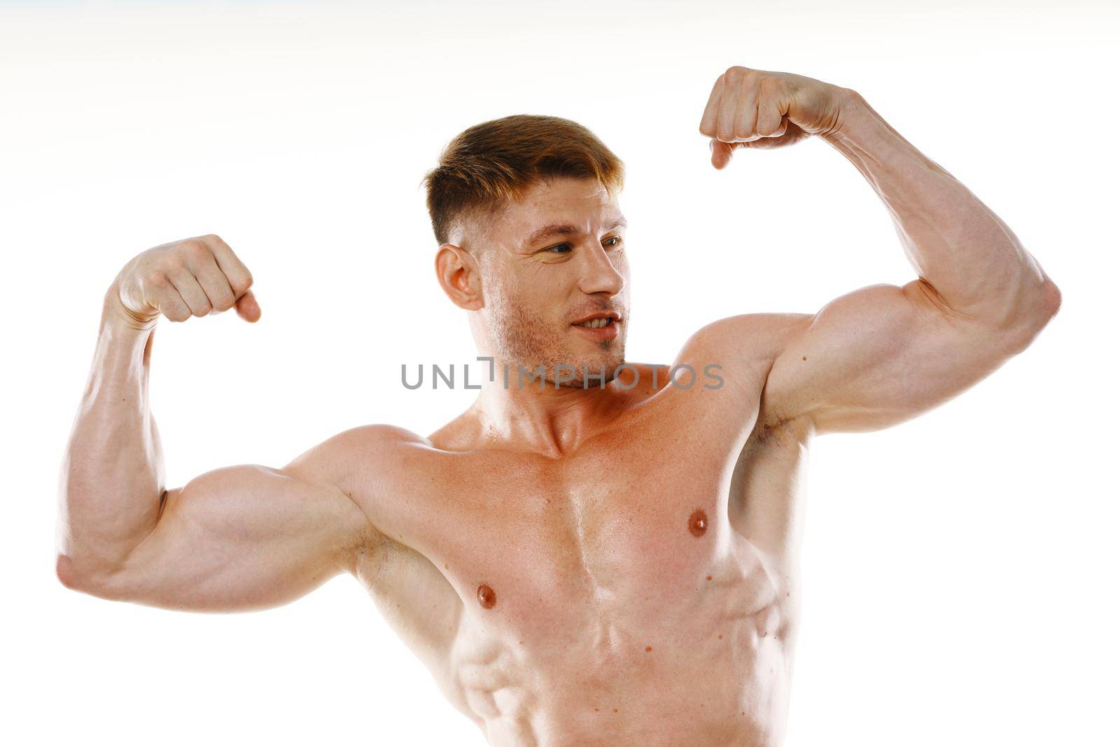 man with a pumped up body muscle closeup workout bodybuilders. High quality photo