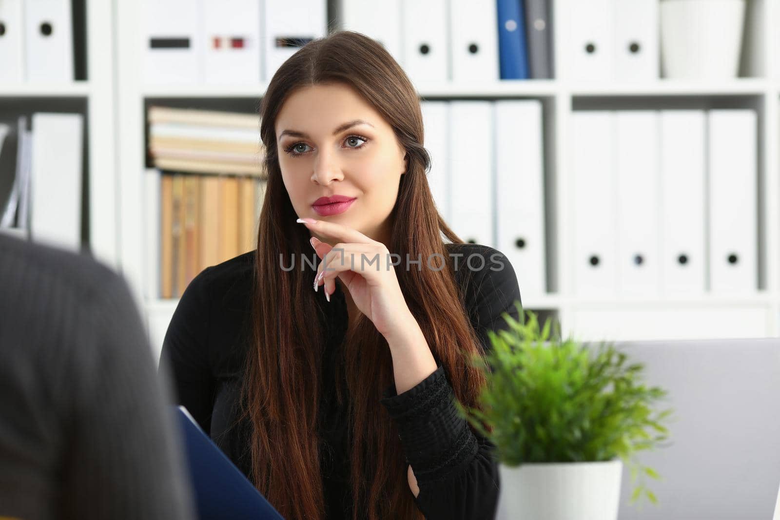 Portrait of man and smiling mature woman talking in office discuss working moment. Client or companion support partner in decision. Success, career concept