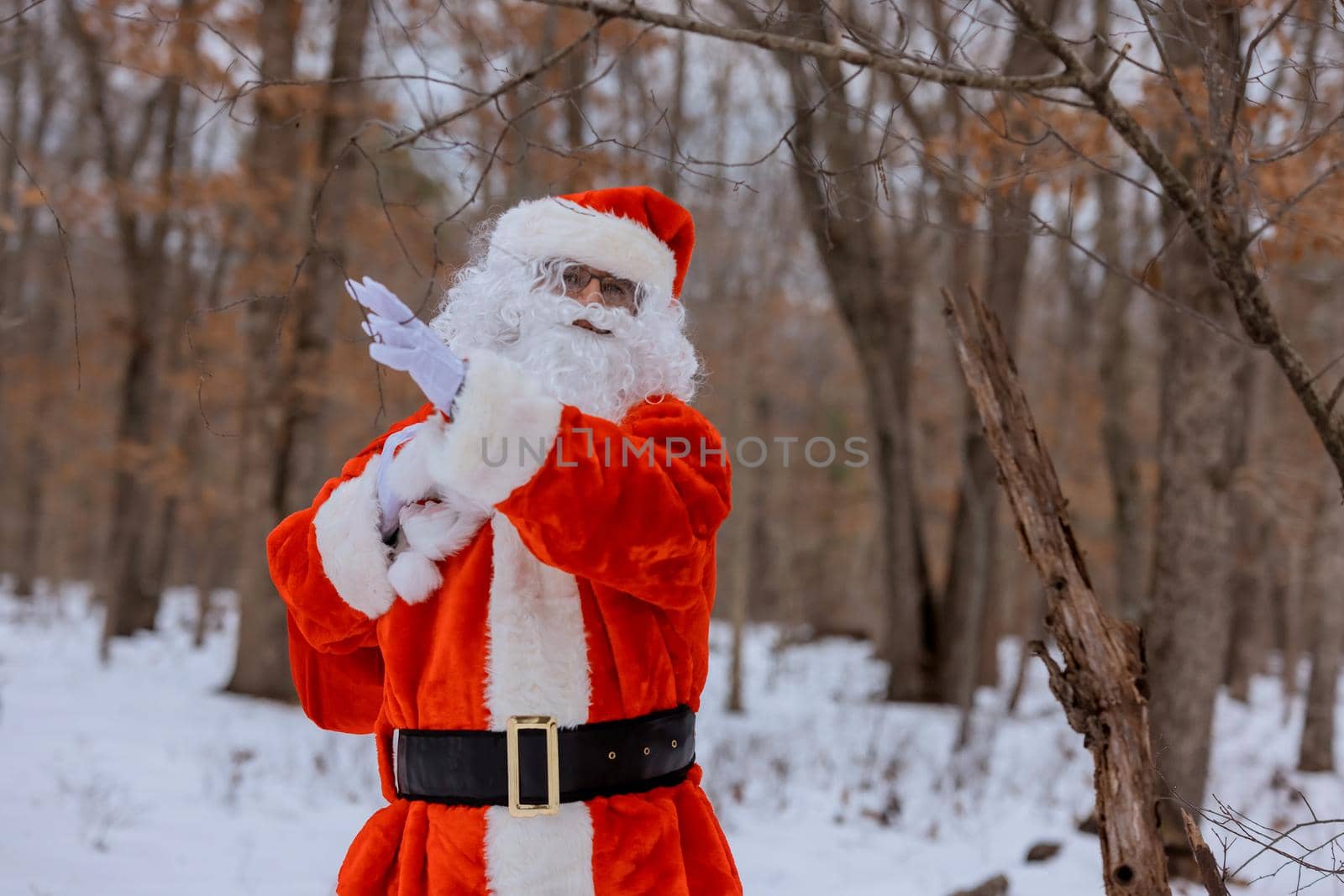 Happy Santa Claus walking a forest tree holding in a red bag gifts for children for Christmas