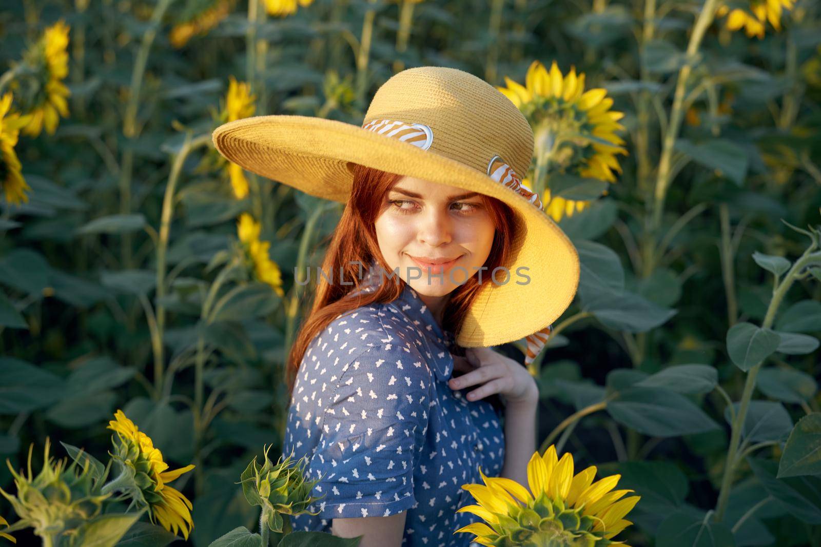 pretty woman with hat in the field of sunflowers freedom nature. High quality photo