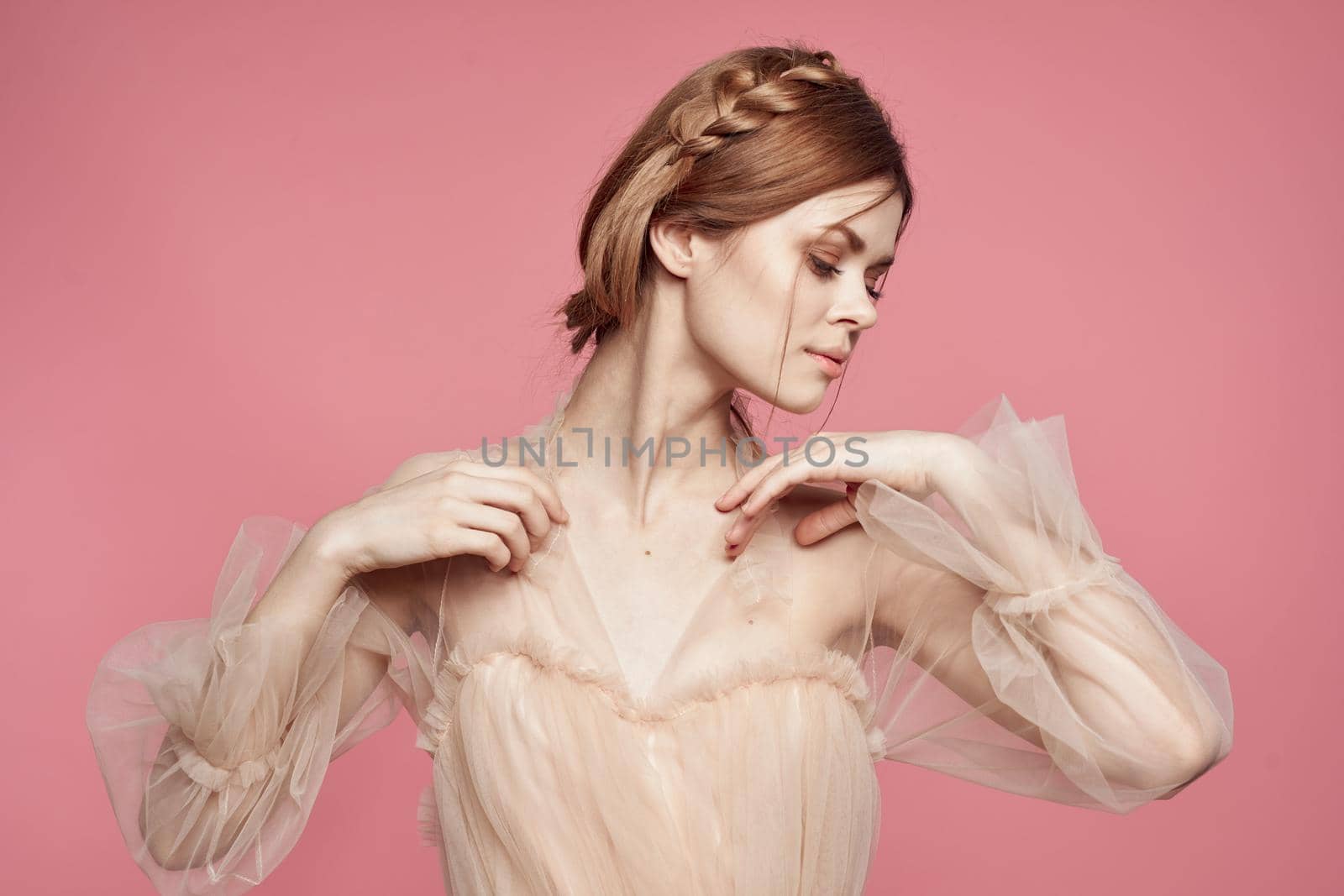 cheerful woman hairstyle fun posing cosmetics fashion isolated background. High quality photo