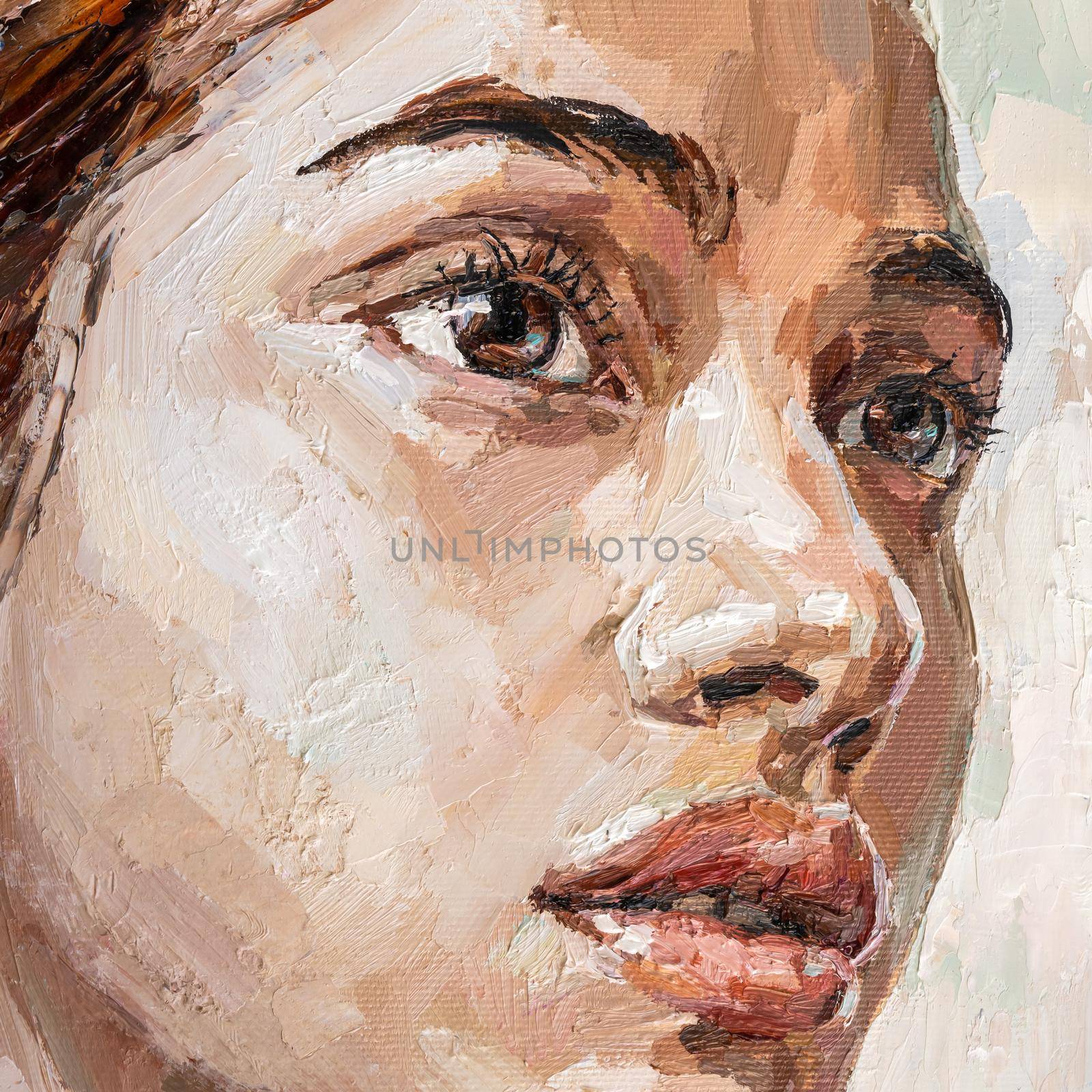 Brown-eyed girl on a white background. Portrait of brown haird women. Oil painting on canvas.