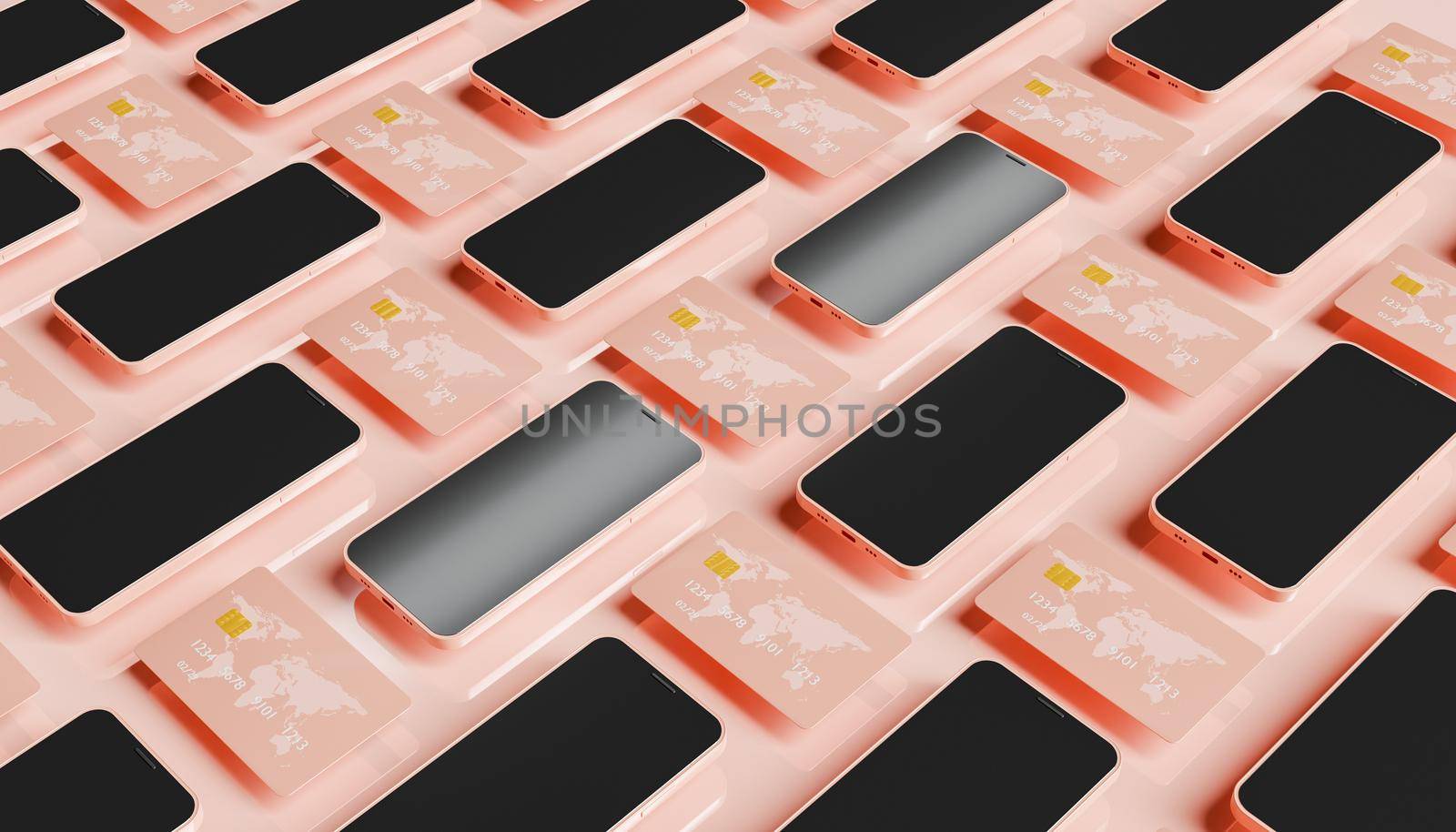 pattern of mobile phones and credit cards. concept of payments and online shopping. 3d rendering