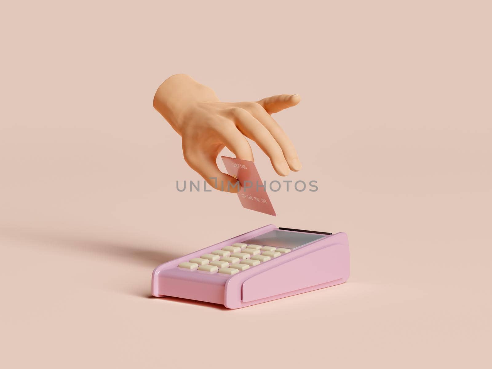 hand paying with credit card at a POS terminal. contactless payment concept. 3d rendering