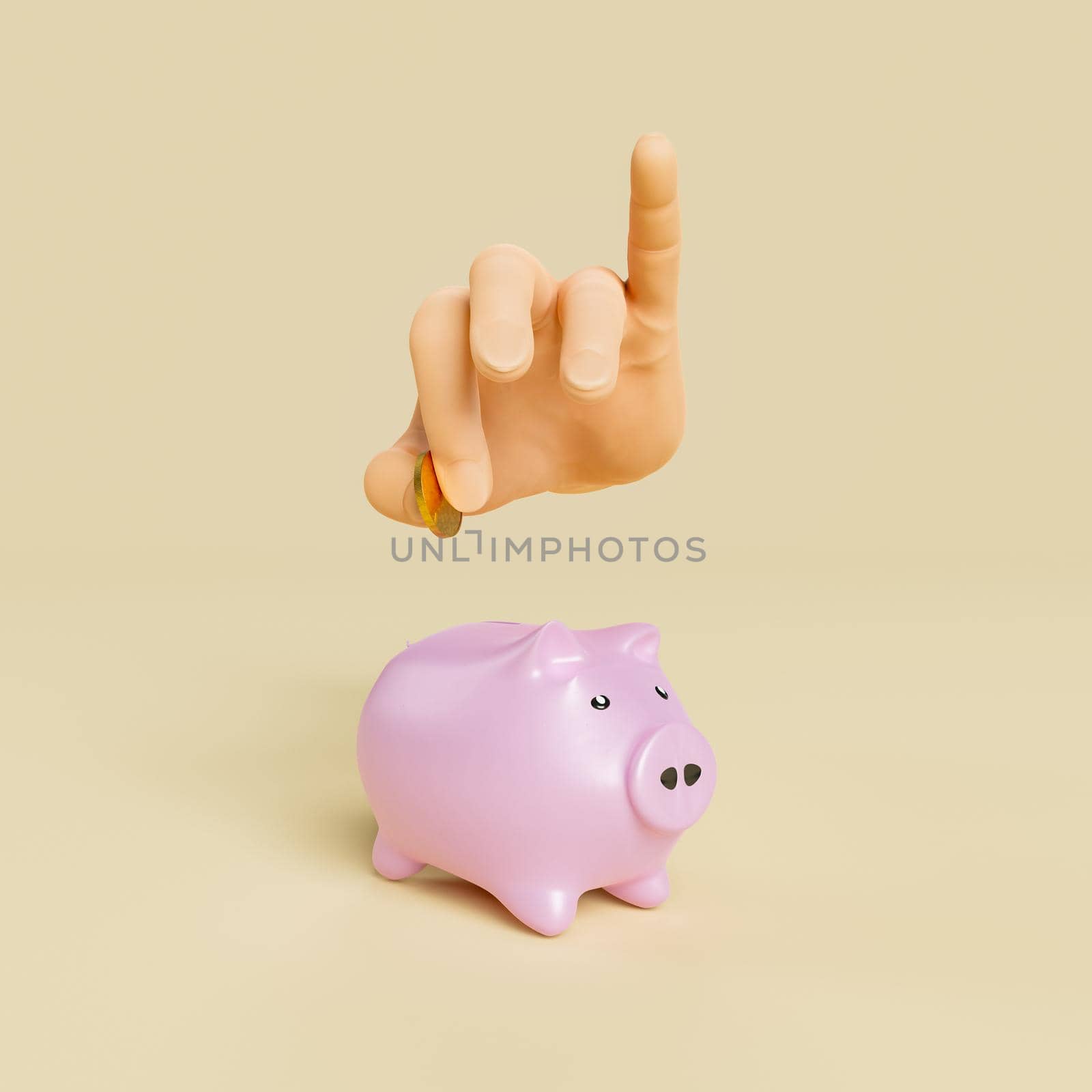 hand depositing a gold coin in a piggy bank by asolano