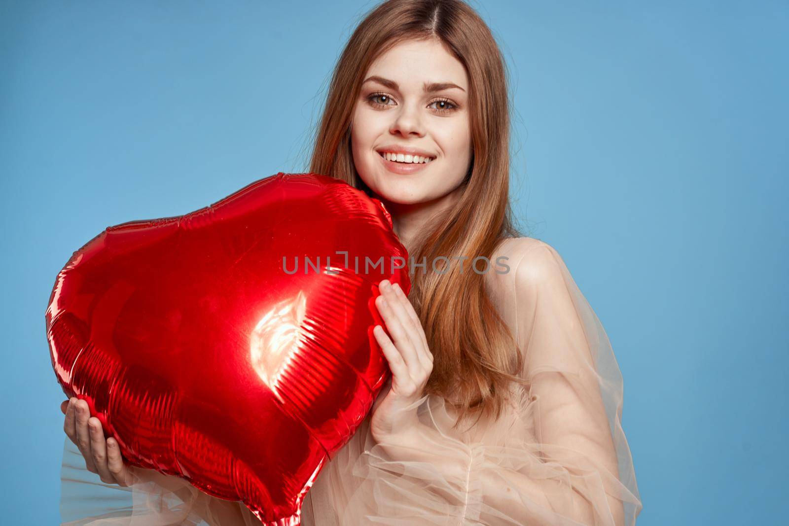 beautiful woman heart balloon holiday Valentine's Day isolated background by Vichizh