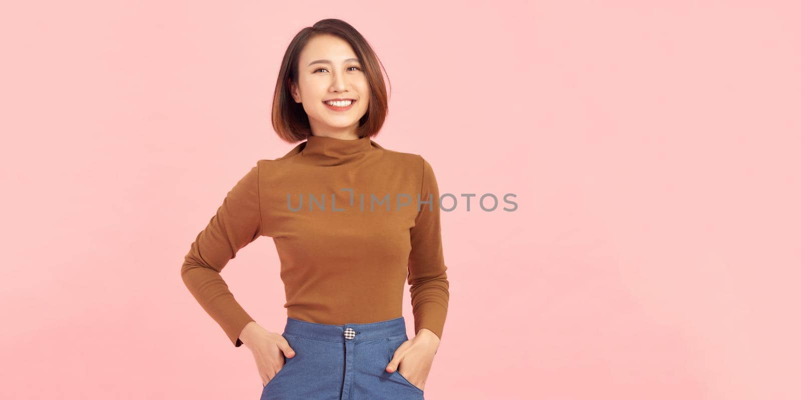 Photo of cool attractive business lady friendly smiling responsible isolated pink color background