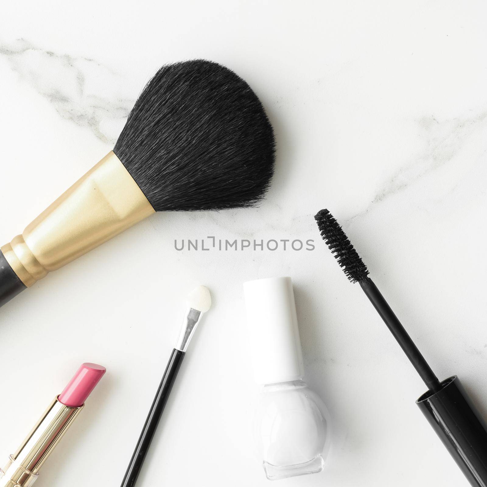 Make-up and cosmetics products on marble, flatlay background by Anneleven