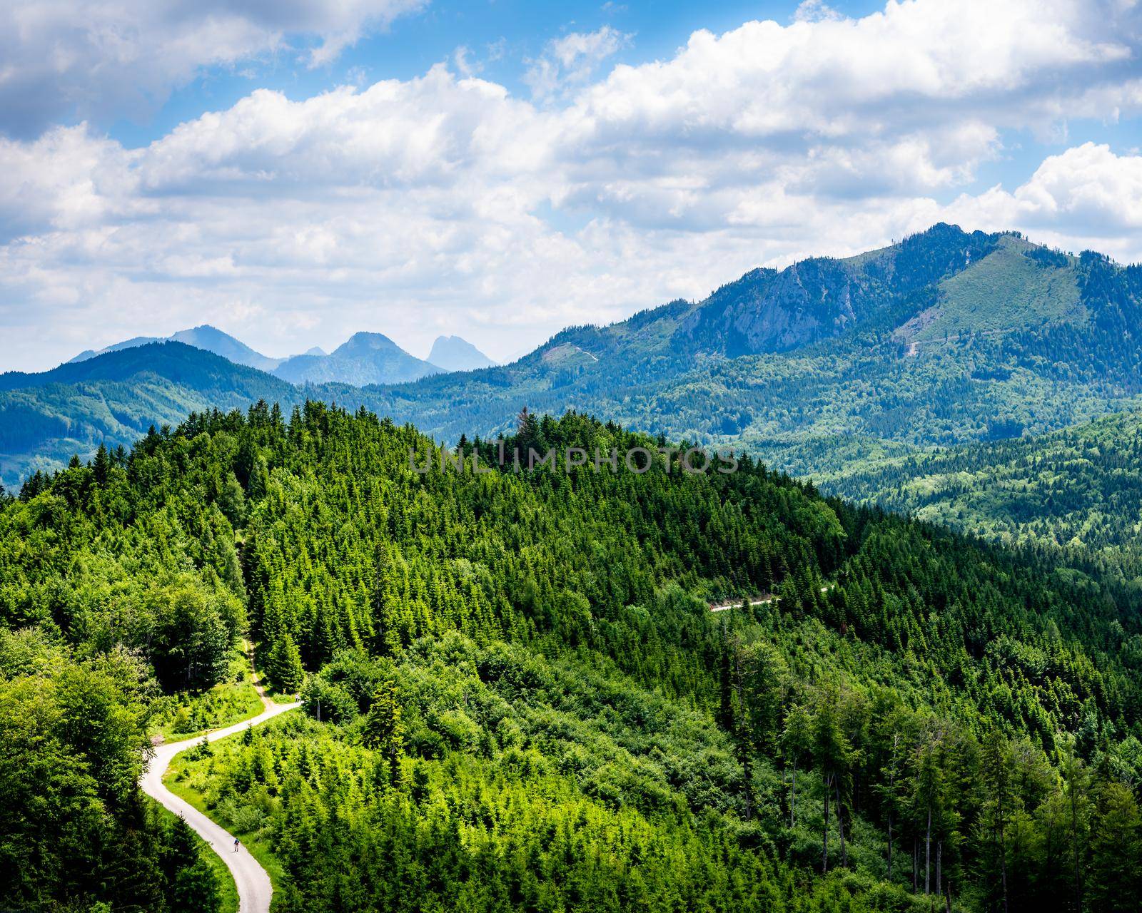 Green and cloudy mountain landscape, panoramic view of upper Austria mountains