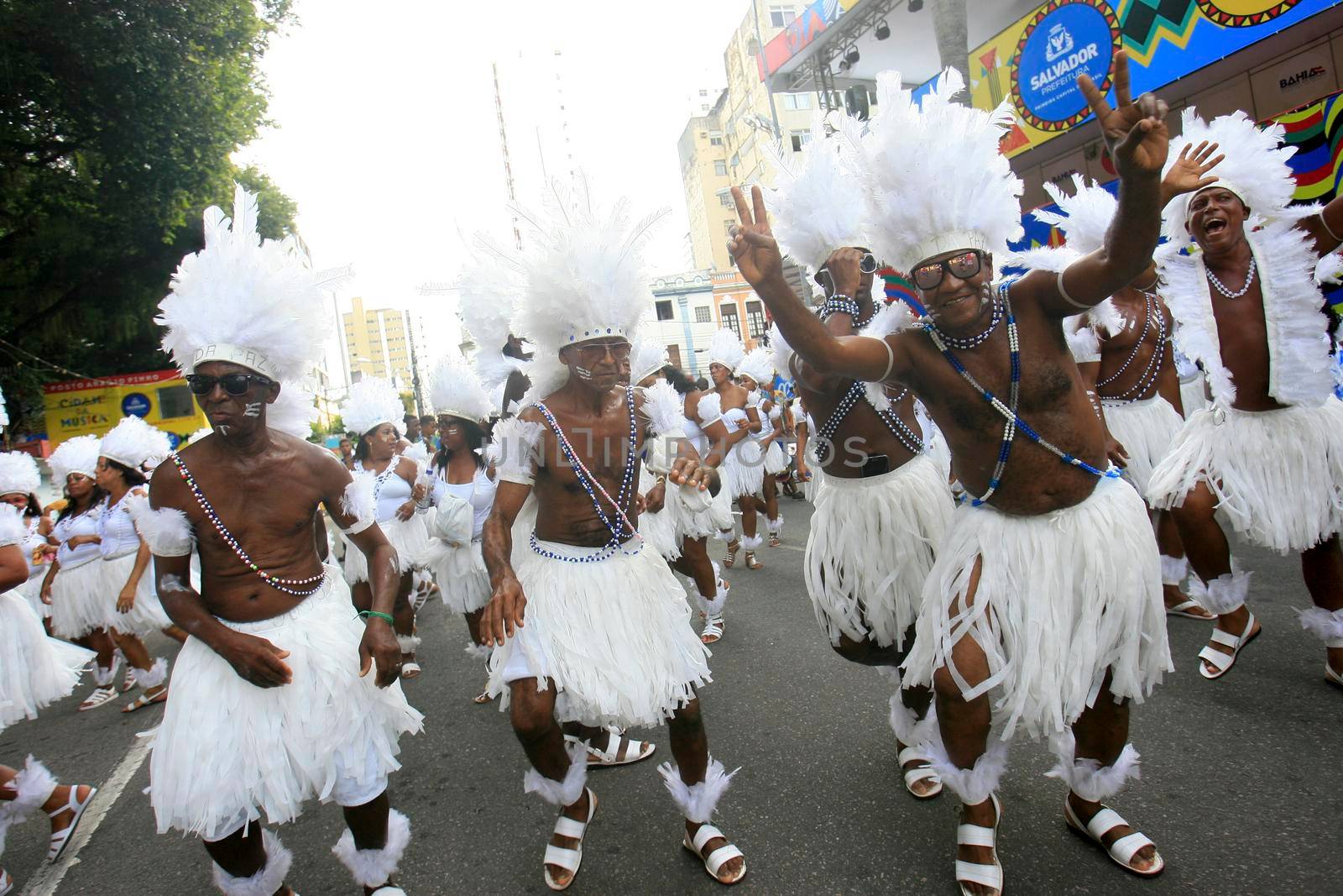 salvador, bahia, brazil - february 24, 2017: Members of the Commanches carnival block are seen during a parade on the Salvador city's carnival circuit.